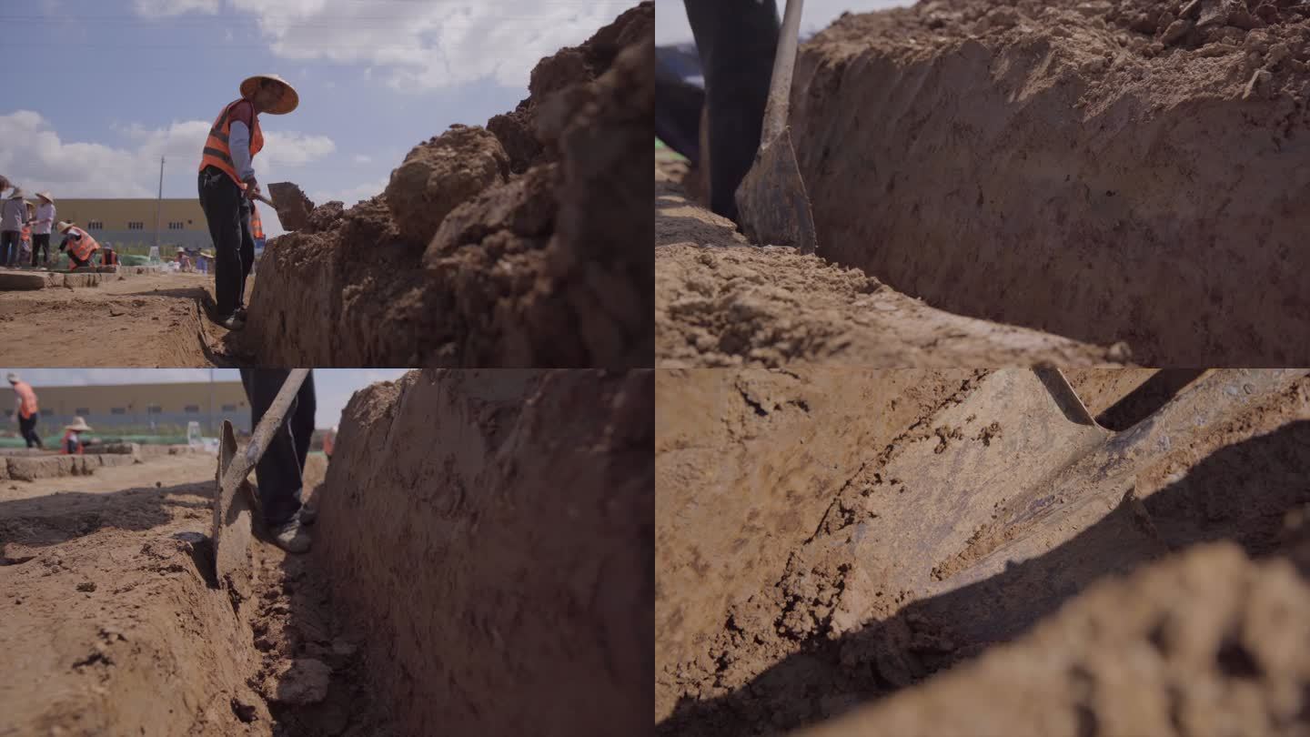 考古挖掘人员用铁铲铁楸铲土挖土B006