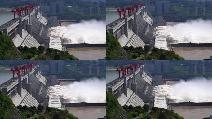 侧面拍摄三峡大坝泄洪