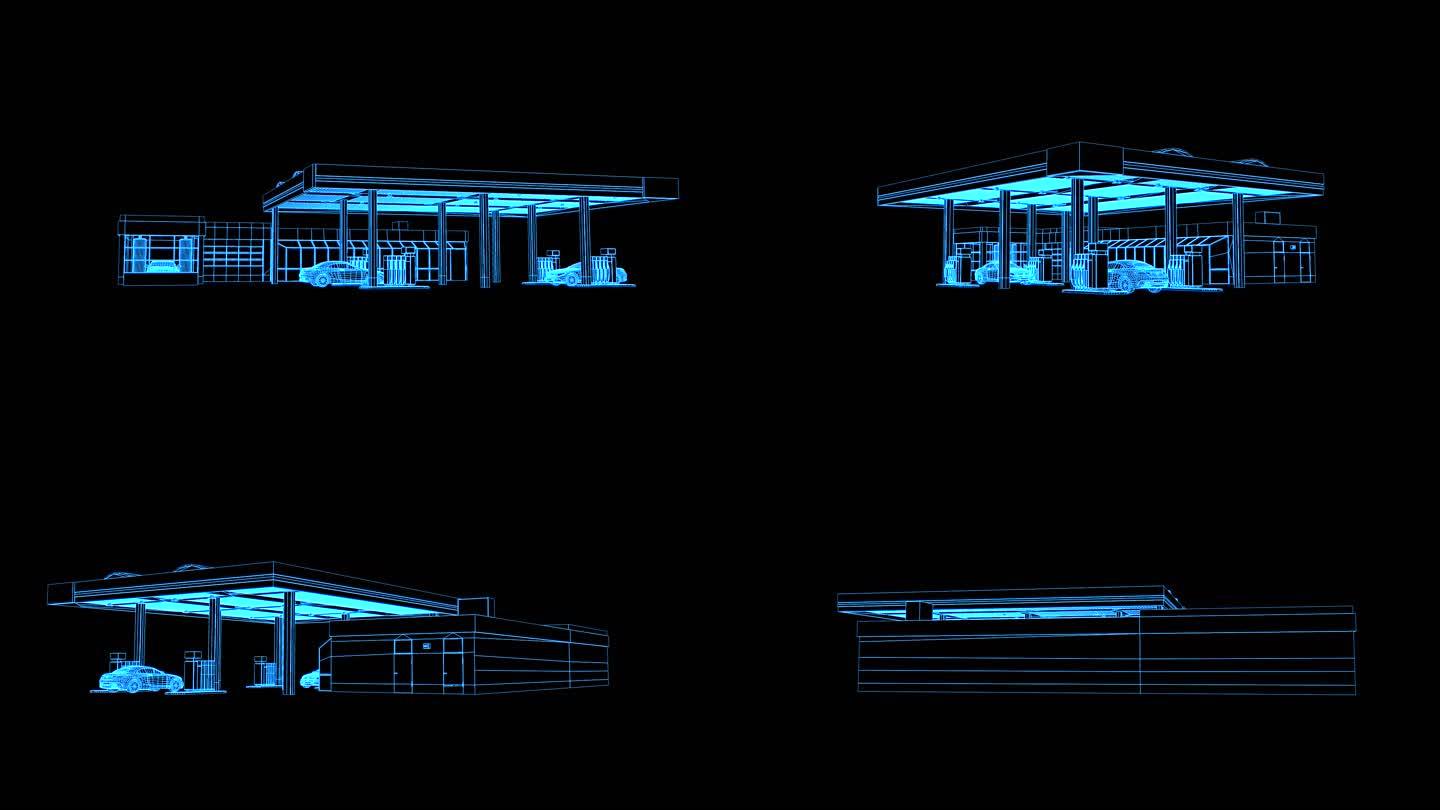 蓝色全息加油站建筑素材带通道