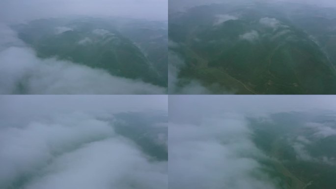 云雾下的陕北绿色山川4K航拍