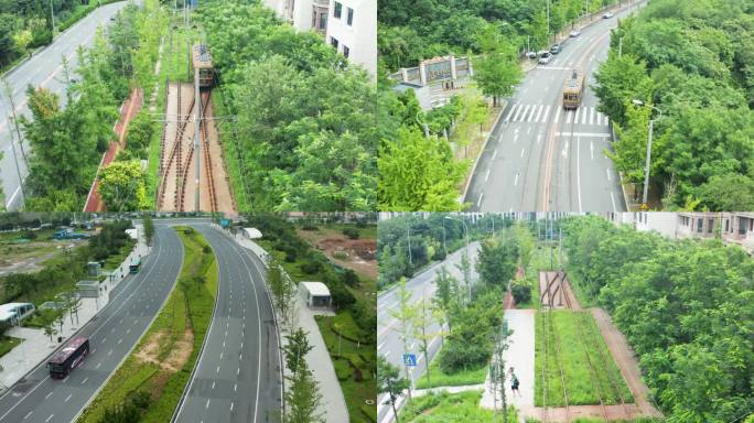 航拍大连201电车道路车流东港道路