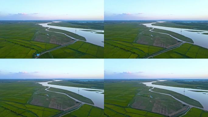 清晨河套平原蜿蜒黄河水稻田产区