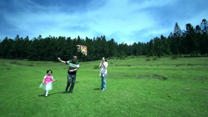 夫妻二人带小孩野外玩耍草坪放风筝
