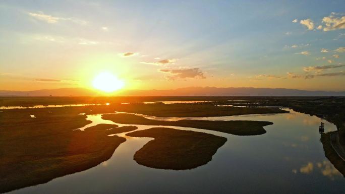 夕阳黄河湿地湖泊芦苇荡生态环境