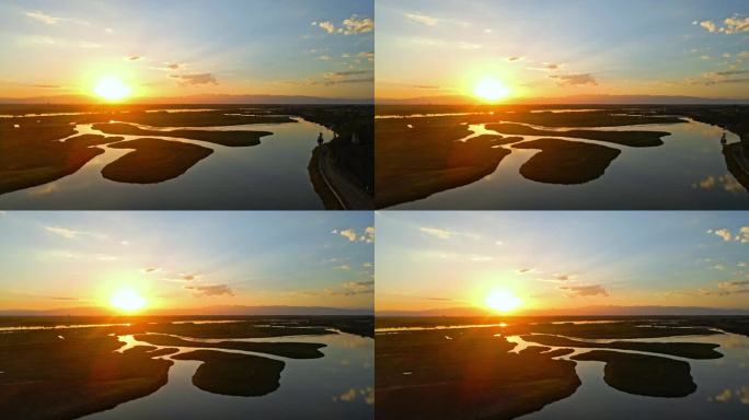 夕阳黄河湿地湖泊芦苇荡生态环境