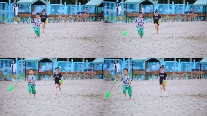 沙滩追逐奔跑的小朋友慢镜头