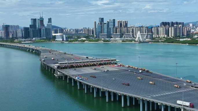 航拍深圳沿江高速与前海CBD建筑群