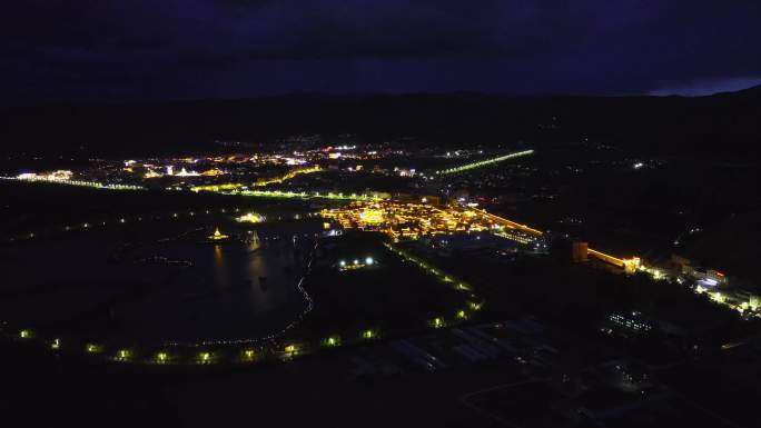 四川省甘孜州甘孜县县城格萨尔王城夜景航拍