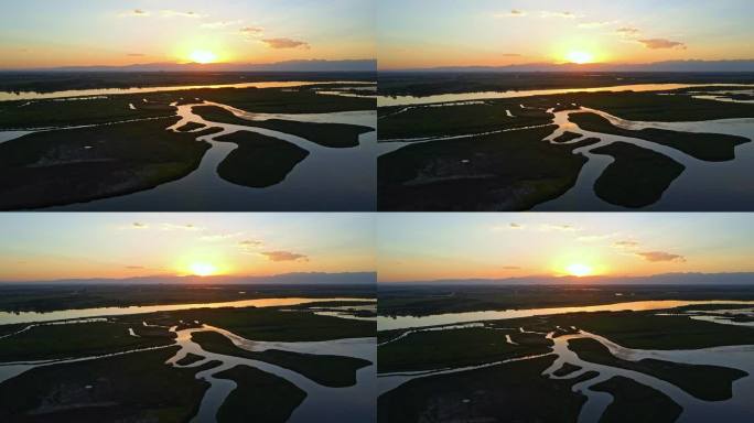 夕阳黄河蜿蜒湖泊湿地航拍
