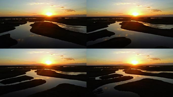 夕阳黄河蜿蜒湿地湖泊芦苇荡