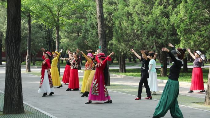 公园里一群身穿少数民族服装的在跳舞