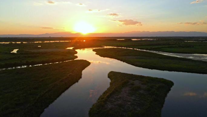 夕阳黄河蜿蜒湖泊湿地