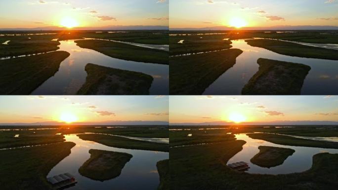 夕阳黄河蜿蜒湖泊湿地