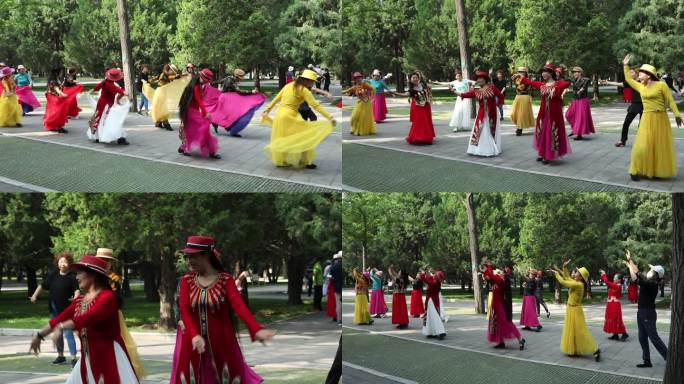 公园里一群身穿少数民族服装的在跳舞健身