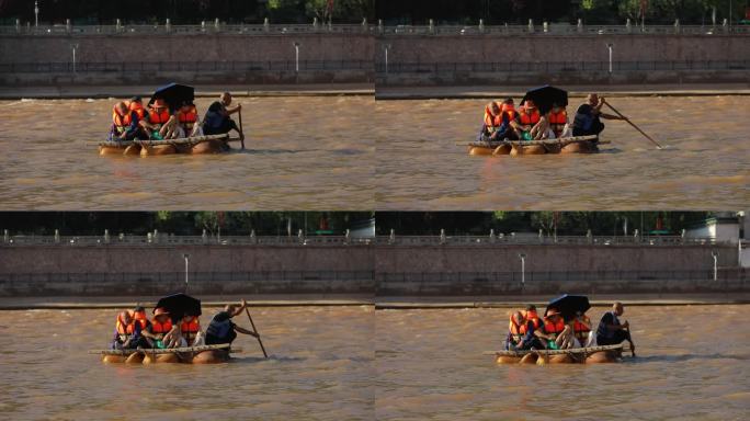 黄河上滑行的羊皮筏子