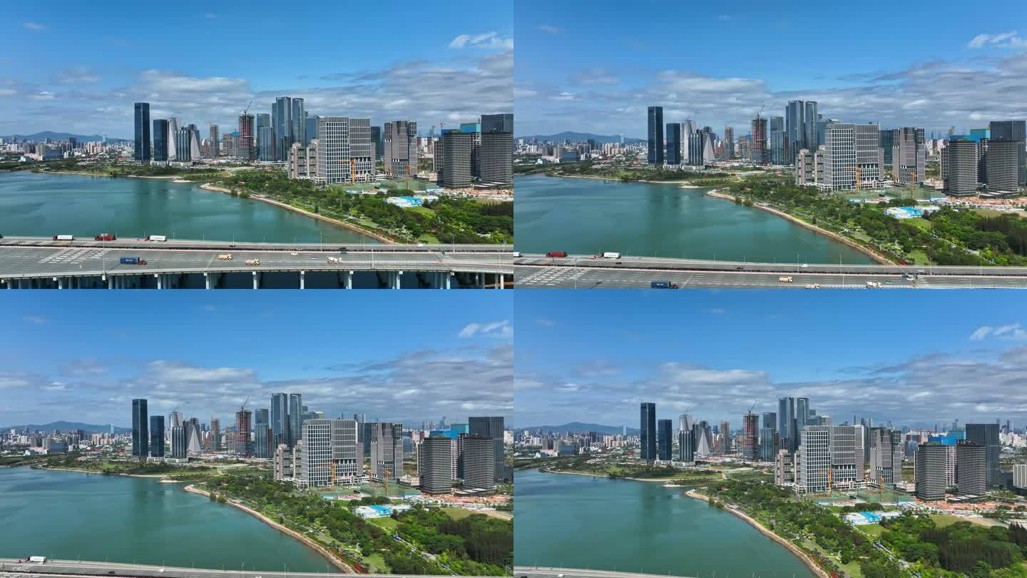 航拍深圳沿江高速收费站与摩天轮