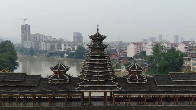 城市航拍湖南靖州江东风雨桥 (2)