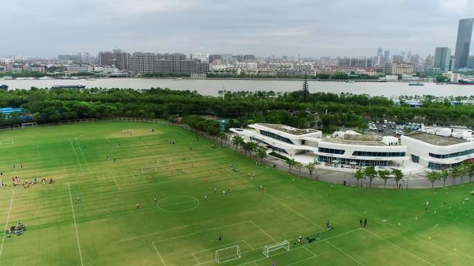 航拍上海浦东三林前滩体育公园足球场