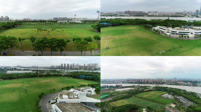 航拍上海浦东三林前滩体育公园足球场