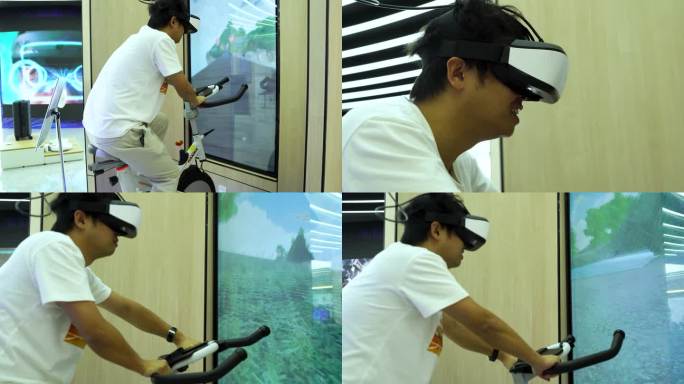 一个男士玩VR游戏自行车