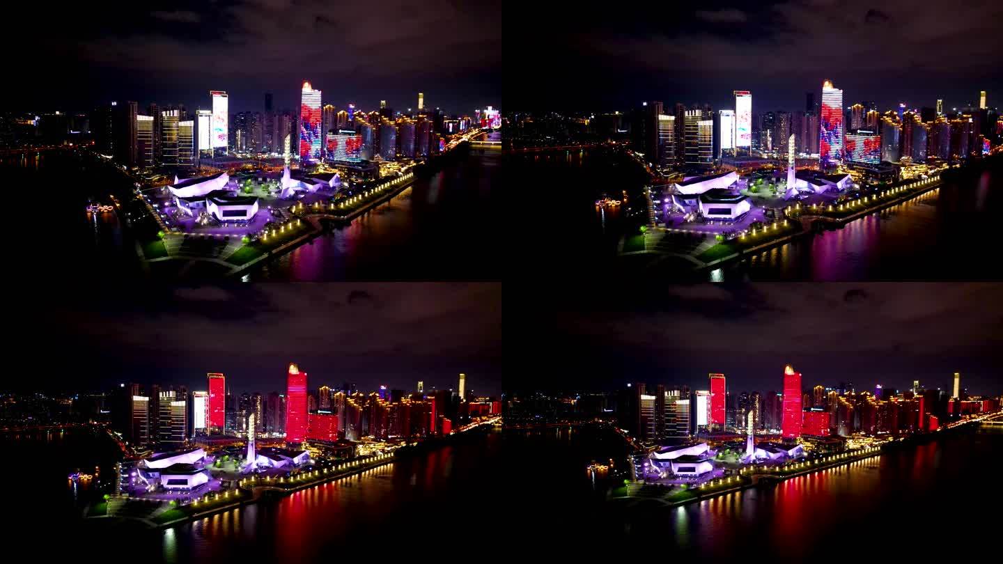 4K航拍长沙湘江沿岸夜景三馆一厅灯光秀