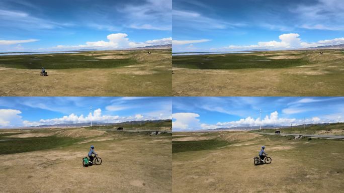 一个男人在青藏高原骑自行车 骑行