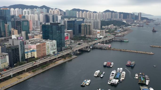 高清航拍香港维多利亚港及观塘市中心