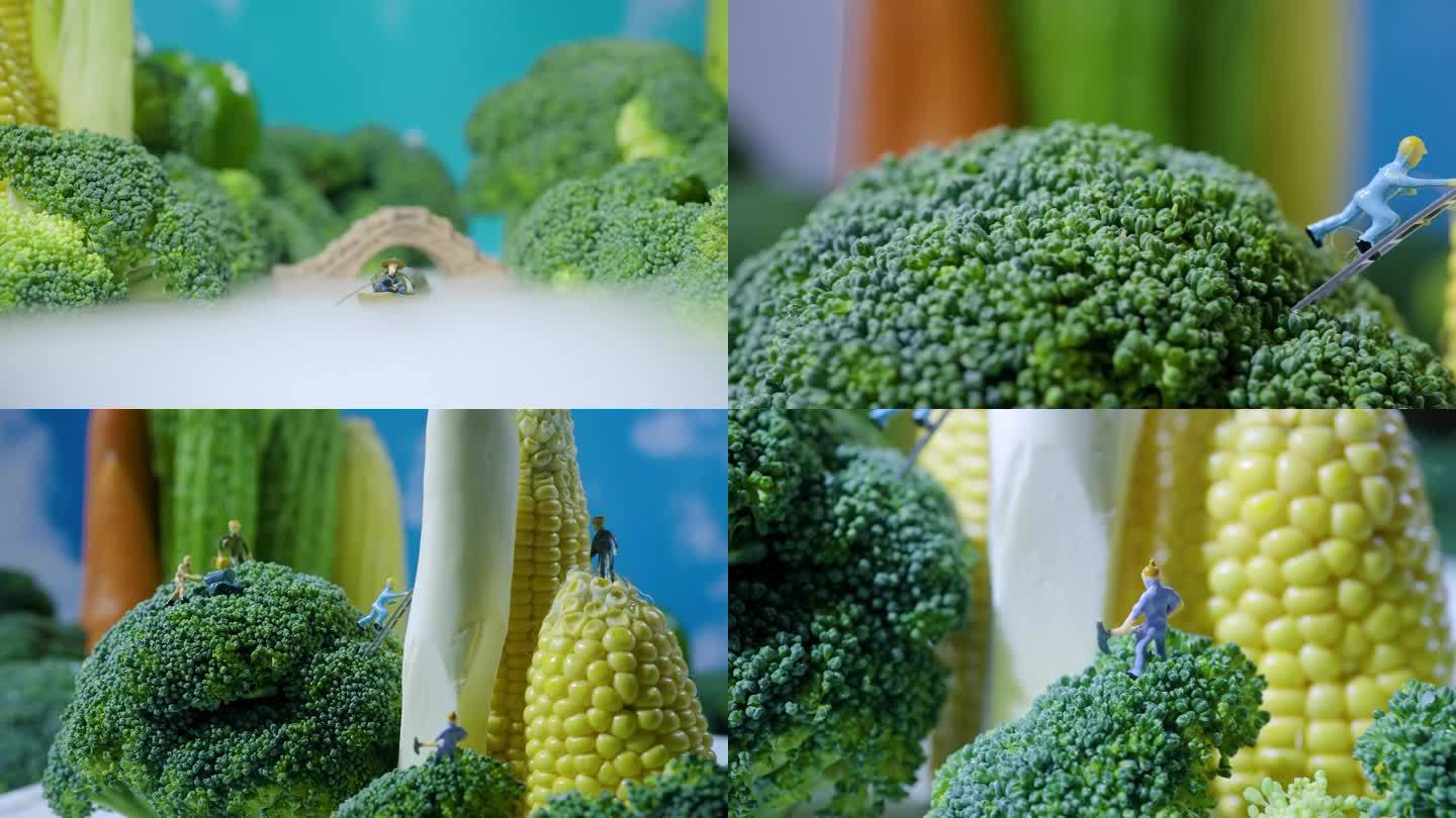 西兰花微缩景观小人模型玉米假山蔬菜景观