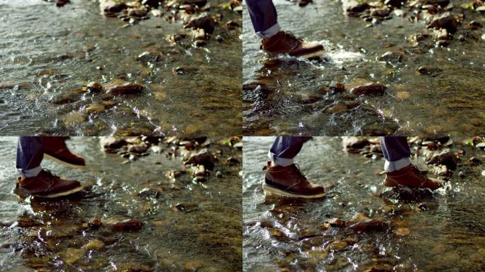 溪流 脚步 踩水 走过 淌水