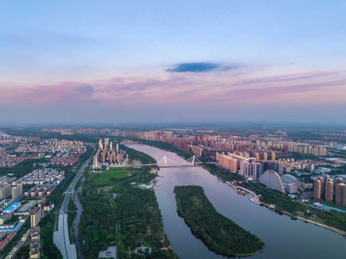 辽宁沈阳城市浑河富民桥傍晚航拍延时