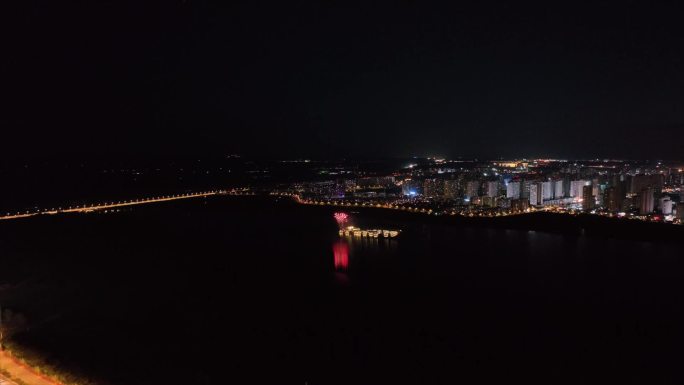 航拍长春市八一水库湖心岛夜景烟花