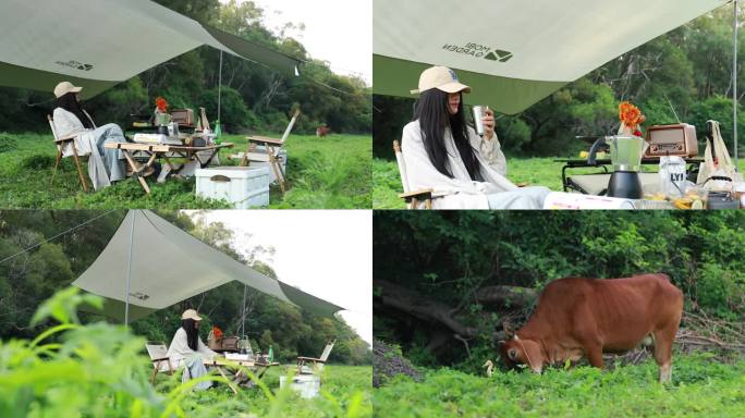 露营天幕户外煮咖啡素材