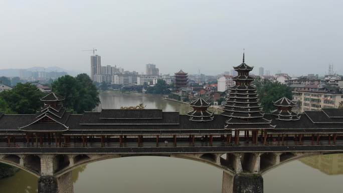 城市航拍湖南靖州江东风雨桥 (3)