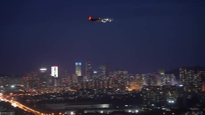 海滨城市夜景飞机降落4K60帧