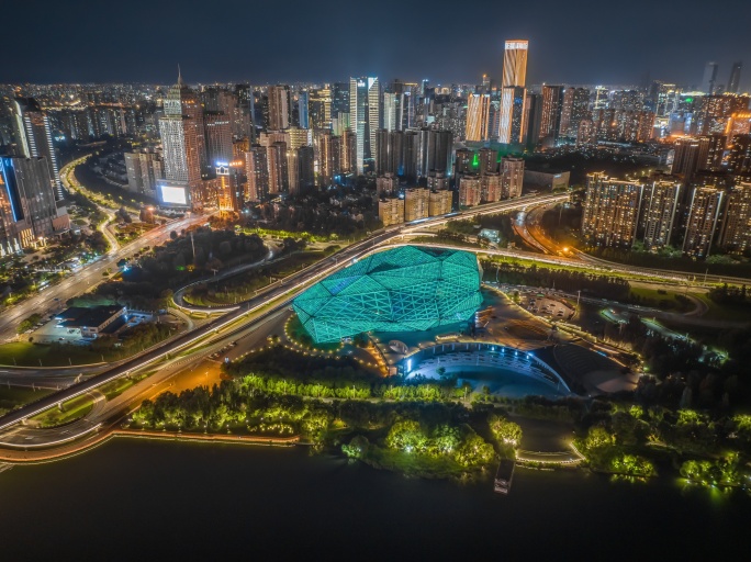 沈阳城市盛京大剧院车水马龙夜景航拍延时