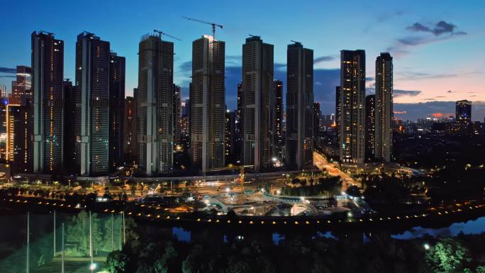 航拍深圳深南大道高新园住宅夜景