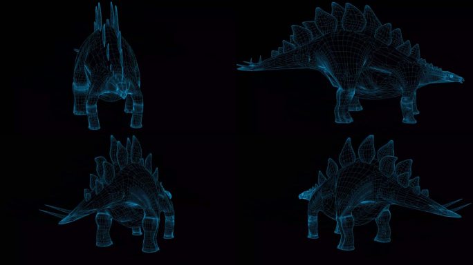 4K蓝色全息科技线框恐龙 剑龙素材带通道
