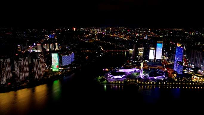 4K航拍长沙湘江沿岸夜景三馆一厅灯光秀3