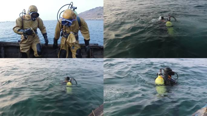 潜水员下水捕捞海产品