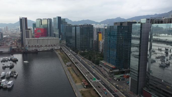 高清航拍香港维多利亚港及观塘市中心