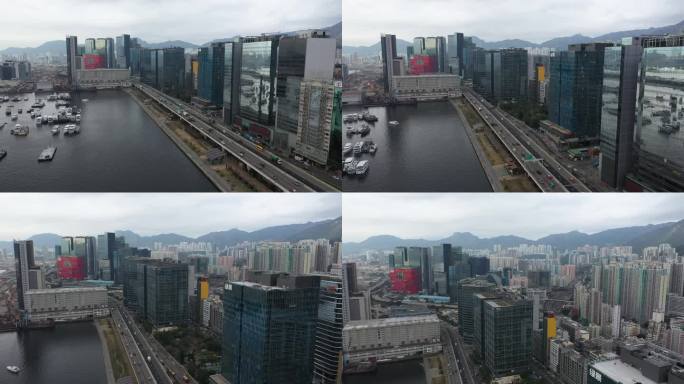 高清航拍香港维多利亚港及观塘市中心