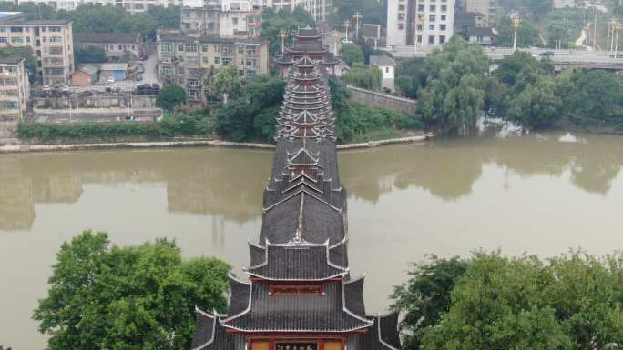 城市航拍湖南靖州江东风雨桥 (1)