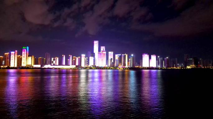 4K航拍长沙湘江沿岸夜景灯光秀3