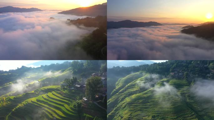 航拍云雾缭绕下的贵州山区村落