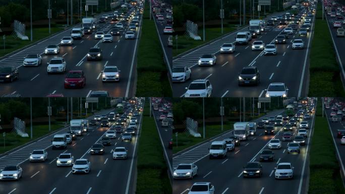 城市夜晚道路车流车灯晚高峰