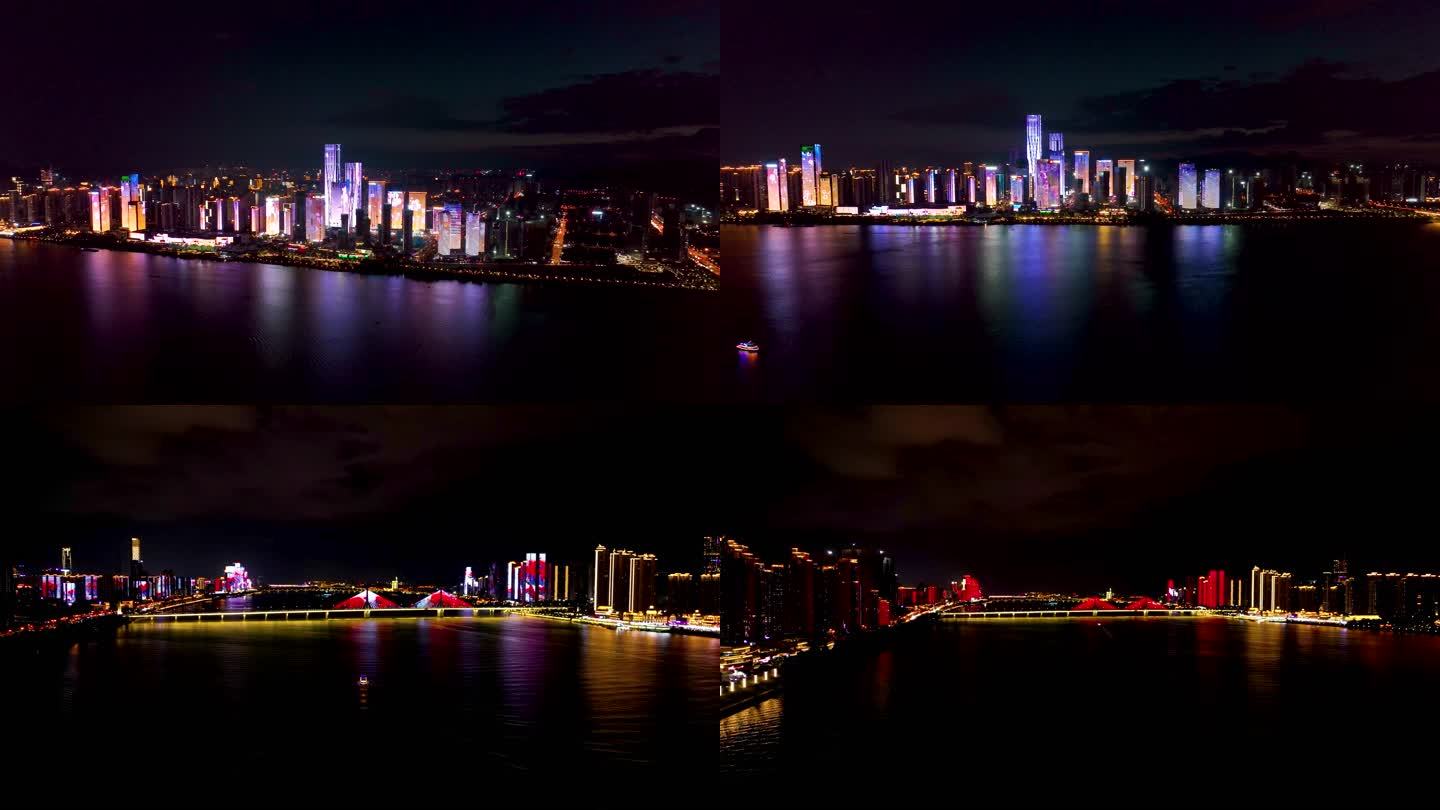 4K航拍长沙湘江沿岸夜景灯光秀合集1