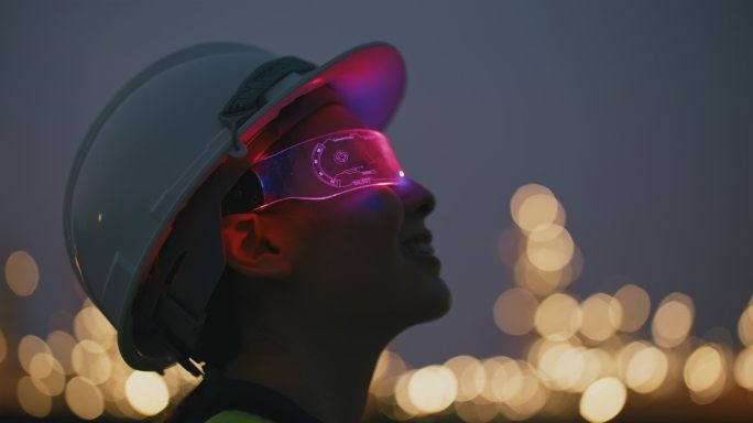 一名女工程师晚上戴着虚拟现实眼镜在石油工业厂房工作