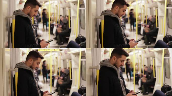 年轻人在地铁里打电话，用智能手机玩游戏，在手机上发短信，手机上浏览社交媒体，用一只手玩游戏，用耳机听