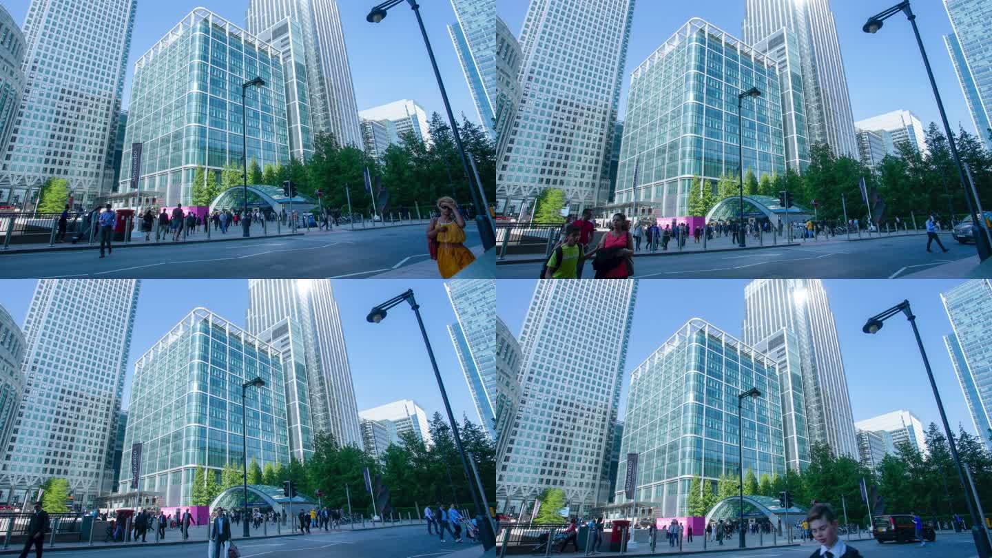 英国伦敦，工人们在摩天大楼办公大楼中的延时平移