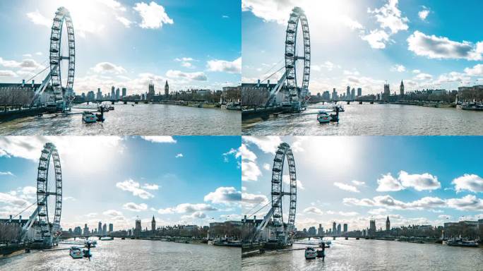 伦敦眼和泰晤士河的时间落差，伦敦天际线云层随威斯敏斯特桥移动的时间推移